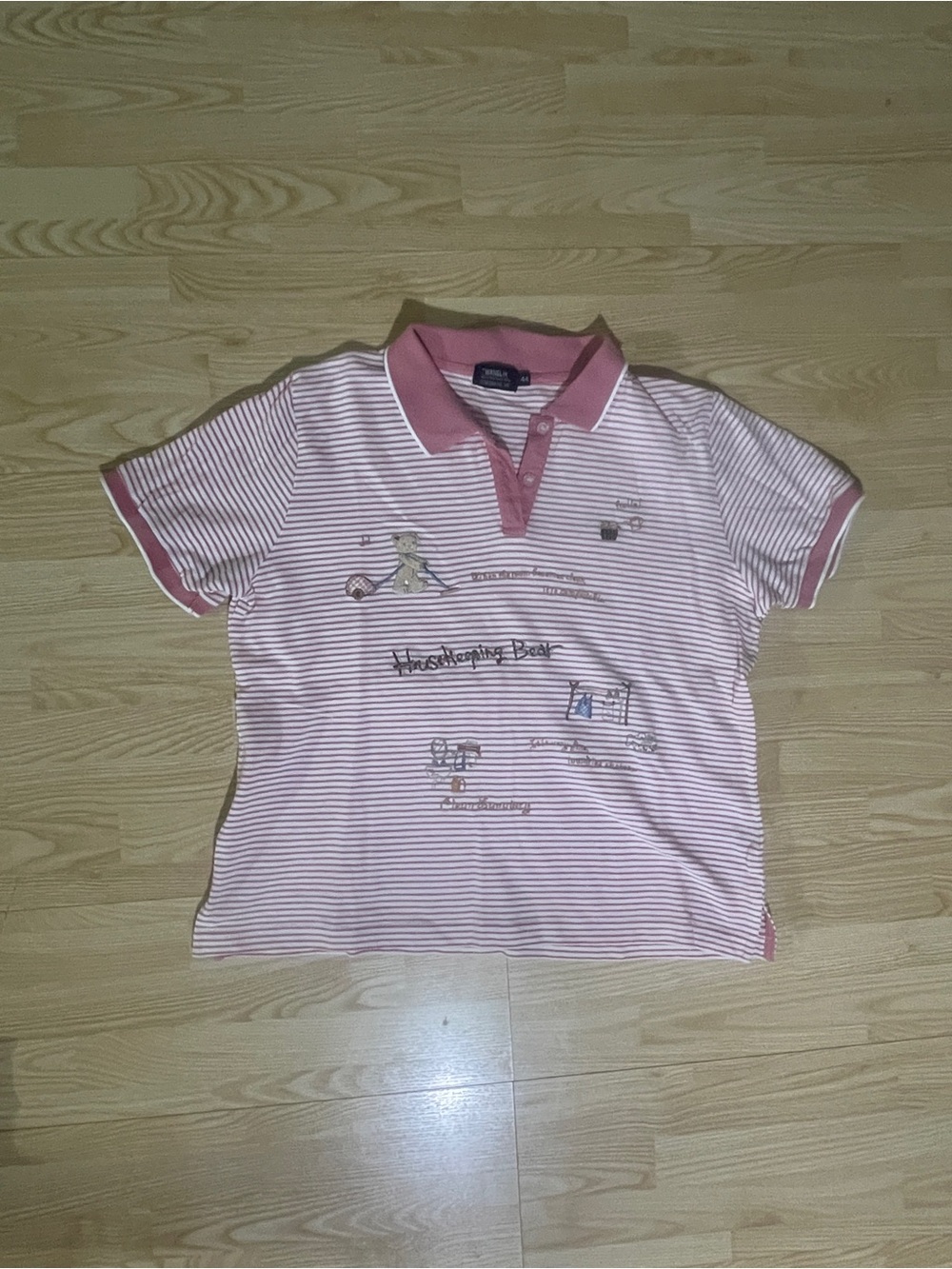 Women’s Pink Striped Polo Shirt with Embroidered Motifs